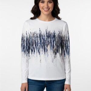 Lucky Brand White and Blue Patterned Long Sleeve Tee